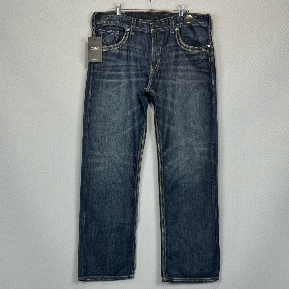 Silver Jeans Men 38x34 Blue Gordie Loose Straight Distressed Stretch Dark Wash